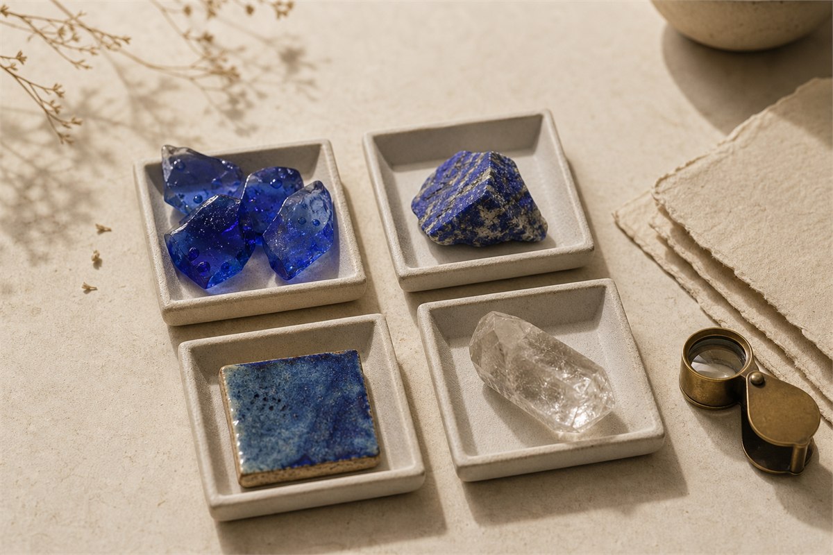 Four separate trays holding deep blue handmade glass, lapis-like stone, blue glazed ceramic, and clear included quartz beside a brass loupe