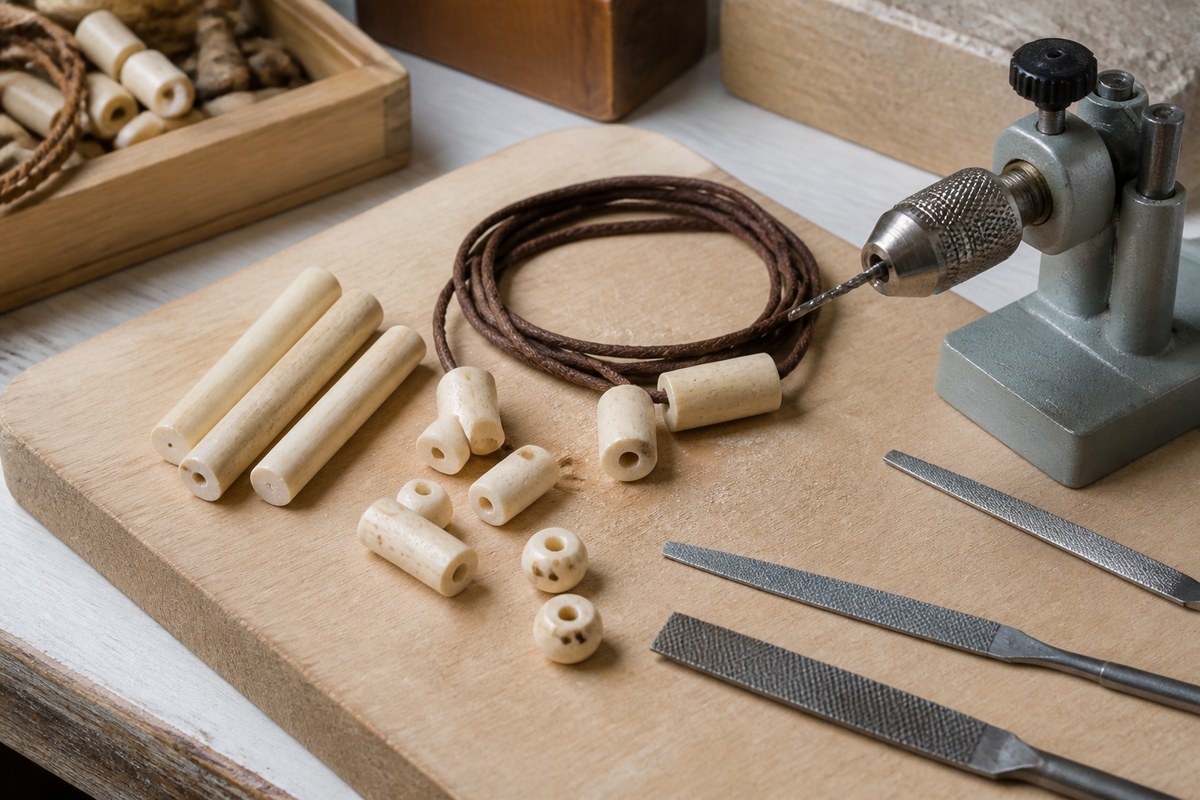 Ordinary bone beads and blanks with cord and hand tools on a craft bench.