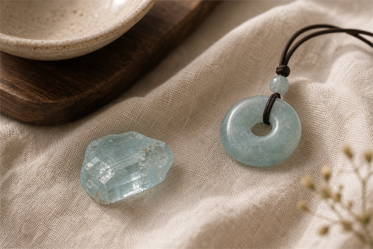Pale blue transparent aquamarine crystal and aquamarine pendant on cream linen