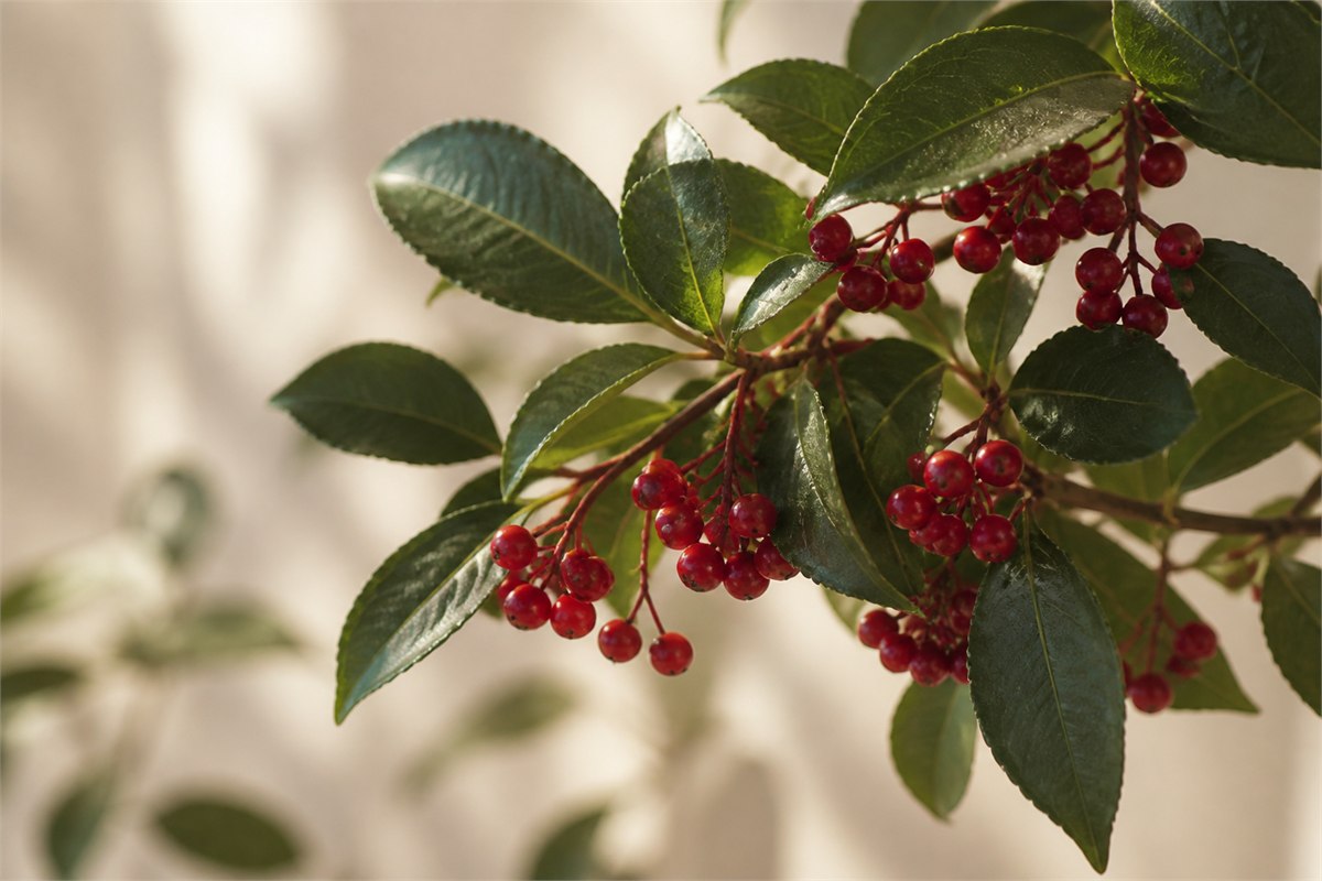 Ardisia crenata branch with glossy dark green leaves and clusters of round red berries