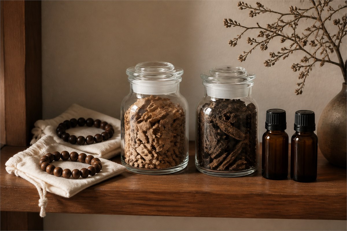Separate jars of sandalwood and agarwood chips with wood bracelets and closed amber bottles