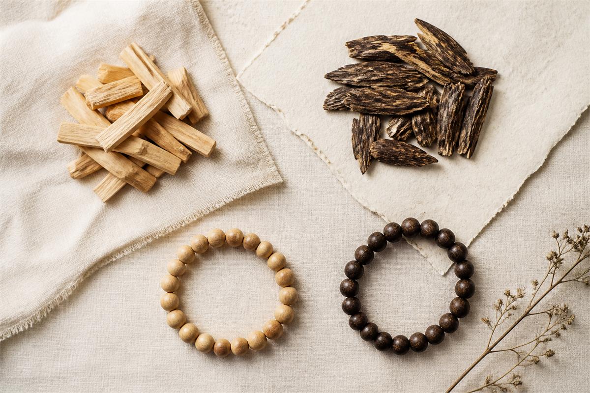 Sandalwood and agarwood chips with separate pale and dark wooden bead bracelets
