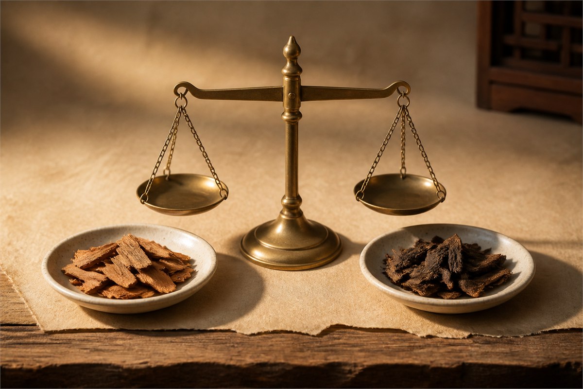 Equal dishes of pale and dark aromatic wood chips beside an unmarked brass balance