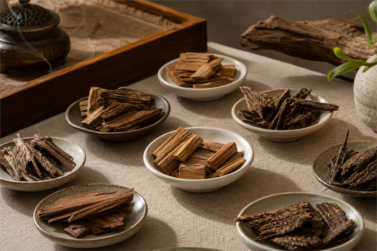 Several ceramic dishes holding varied pale and resin-rich aromatic wood chips