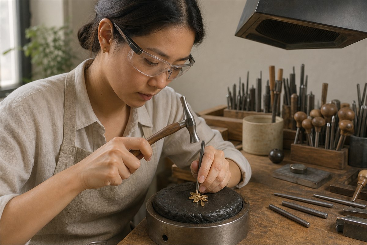 Jeweler in safety glasses using a hammer and chasing punch on a small gold floral pendant at a ventilated bench