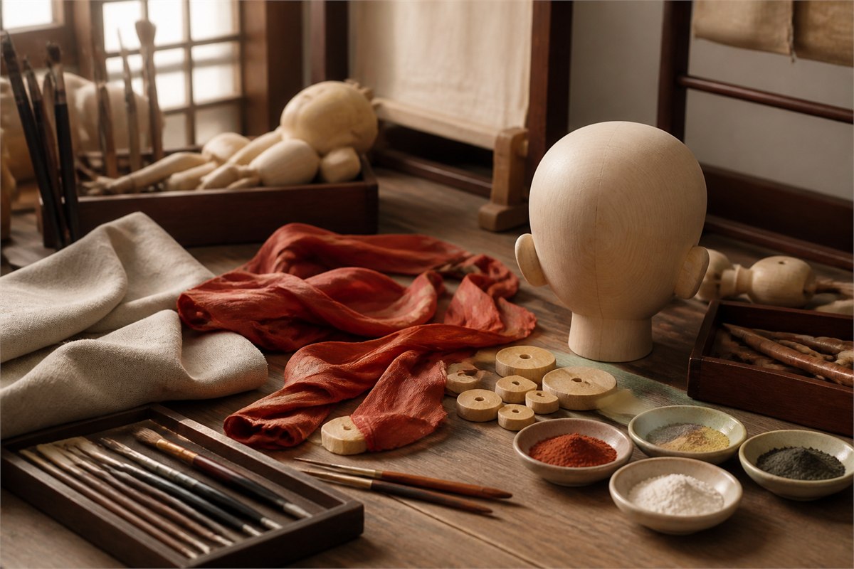 Unpainted wooden puppet forms, red fabric, tools, and pigment dishes on a craft table