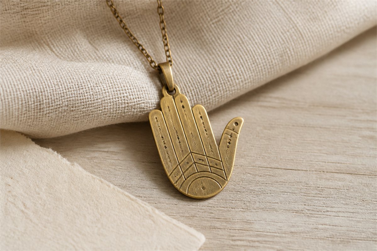 Asymmetric brass Hamsa pendant with five fingers and abstract line engraving on cream linen
