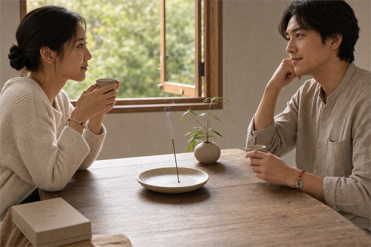 Two awake adults supervising a single smoldering incense stick on a broad tray beside an open window