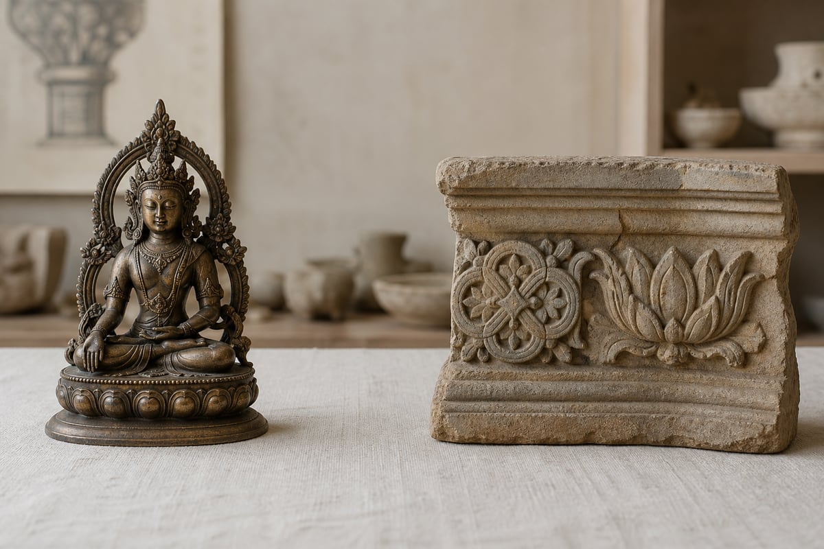 Bronze Buddhist devotional figure and carved sandstone lotus fragment displayed separately