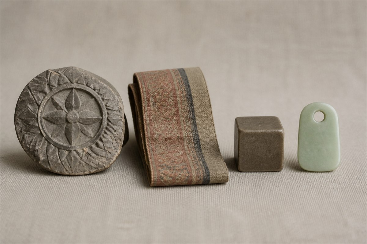 Geometric clay tile, muted woven band, stone seal form, and pale jade token arranged on linen