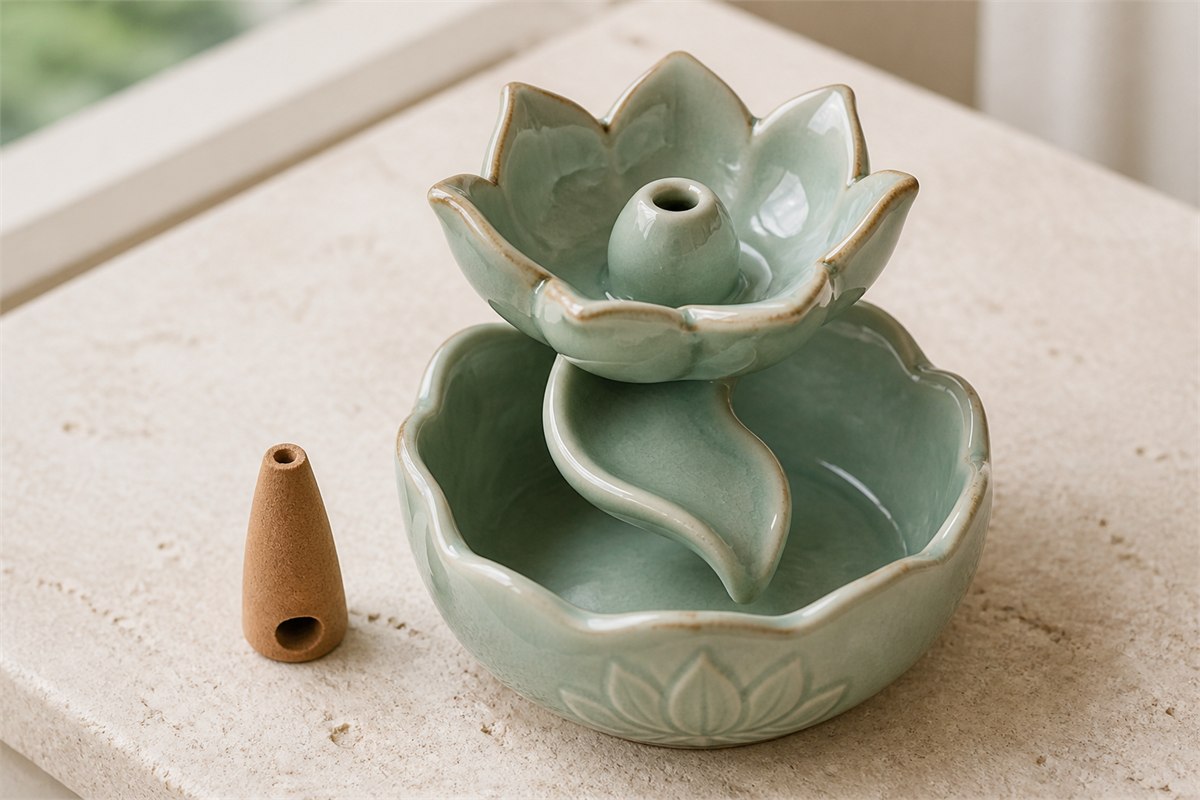 Unlit celadon lotus backflow burner with a separate hollow cone and visible smoke channel