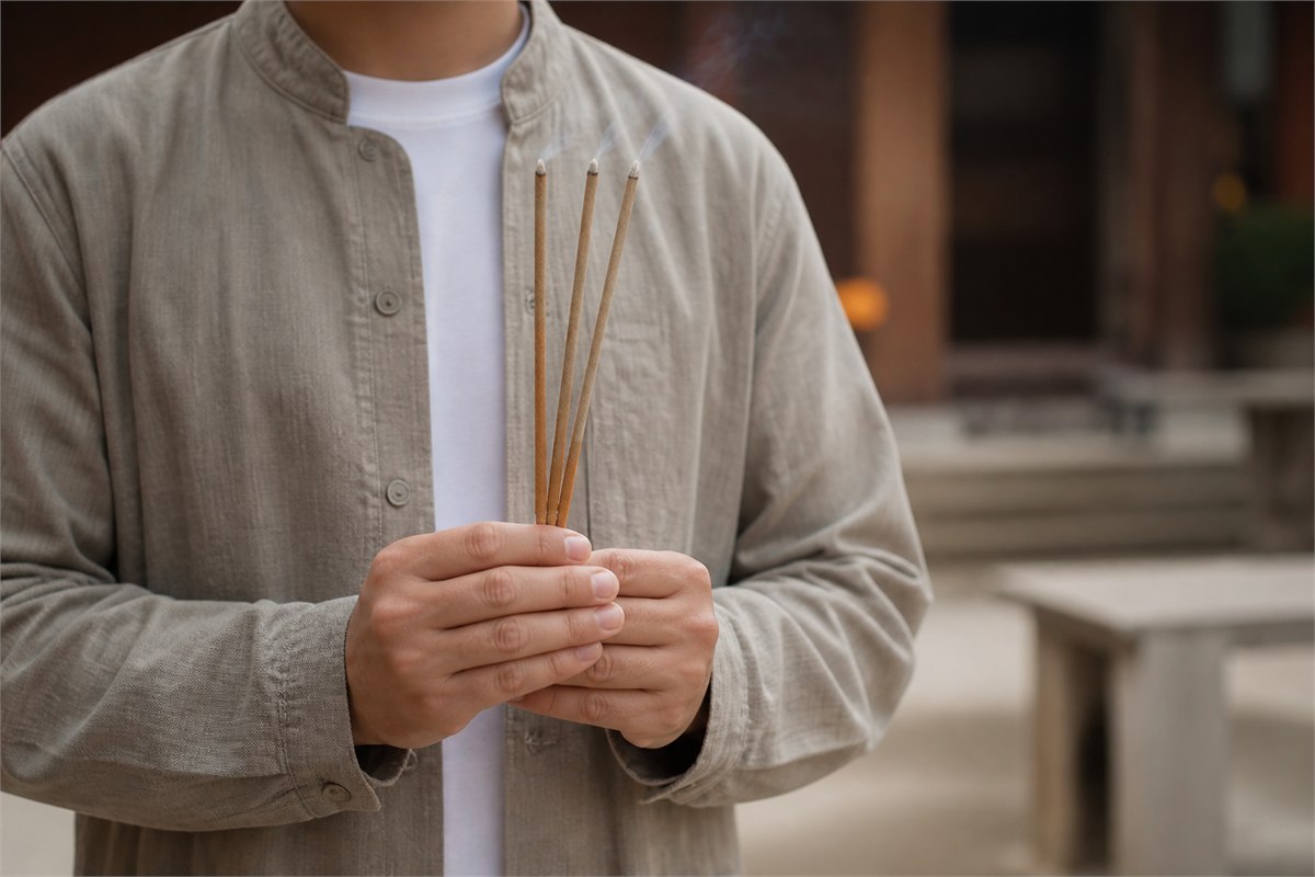 Adult holding three incense sticks with both hands in a quiet temple courtyard