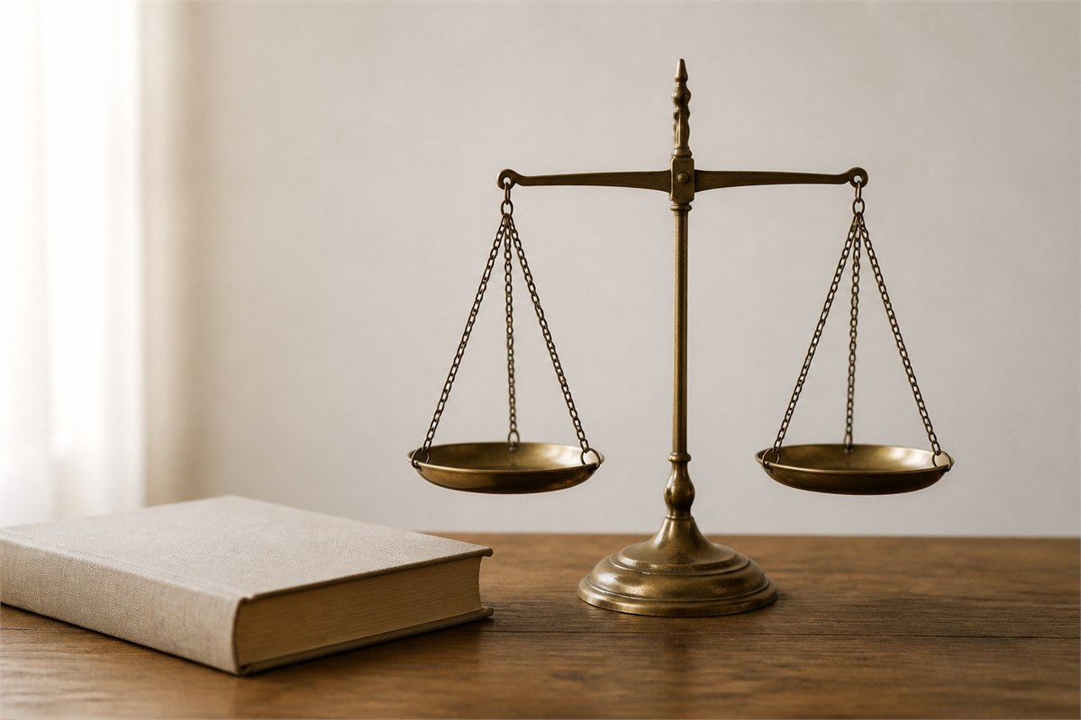 An antique brass equal-arm balance scale with level empty pans beside a closed book.