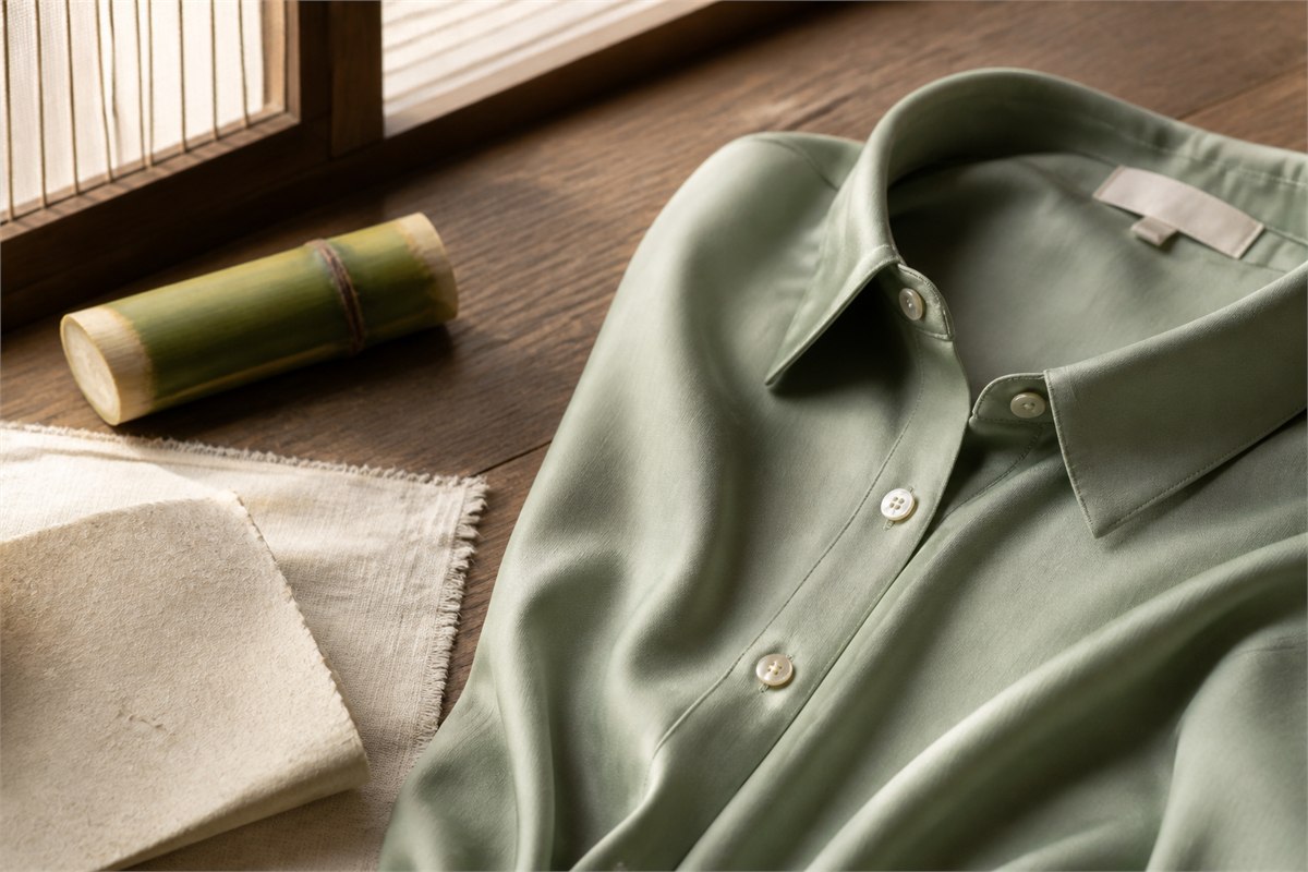 Smooth muted-sage shirt beside a separate piece of raw bamboo and neutral fabric samples