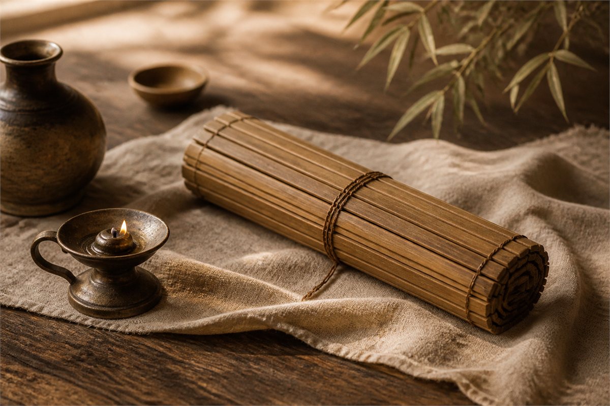 Rolled bamboo slips beside a small bronze lamp on natural linen