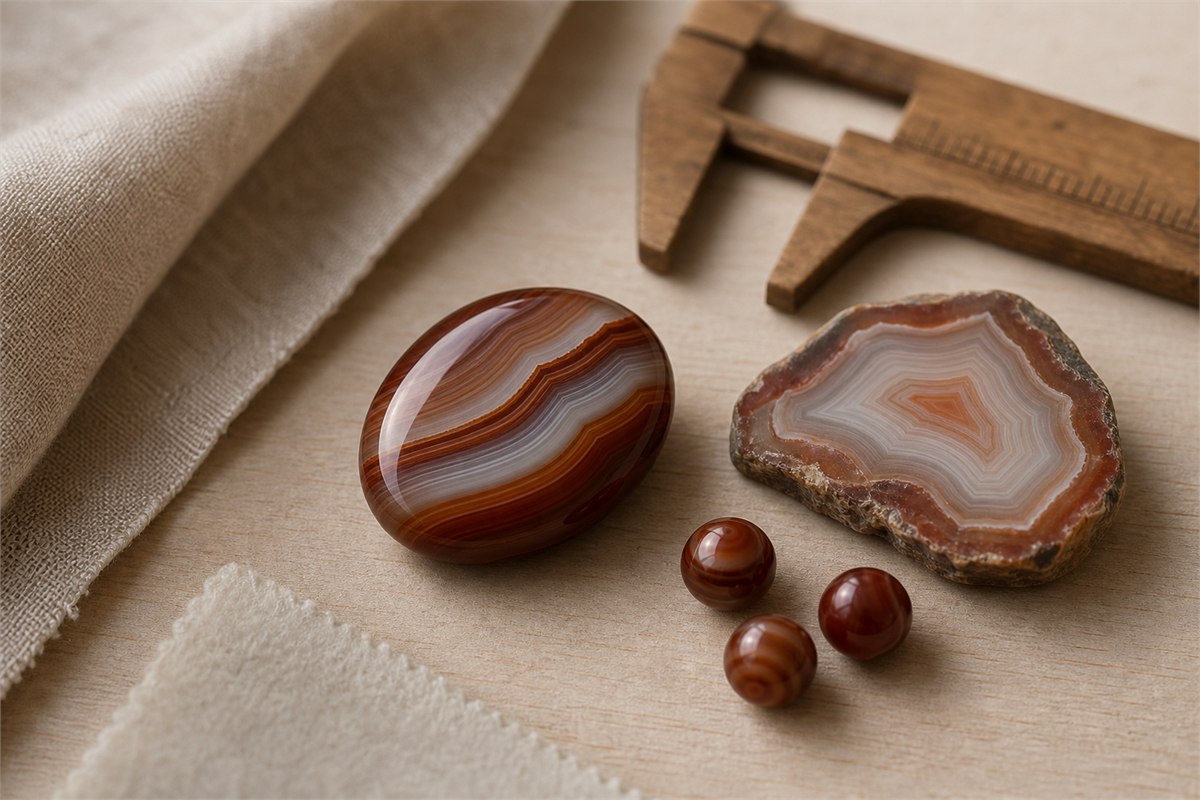 Polished red-brown banded agate cabochon, natural agate slice, and three small agate beads beside a wooden caliper