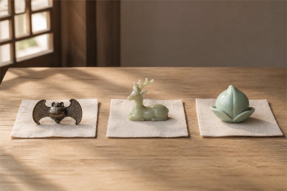 Bronze bat charm, pale deer figurine, and celadon peach ornament displayed separately