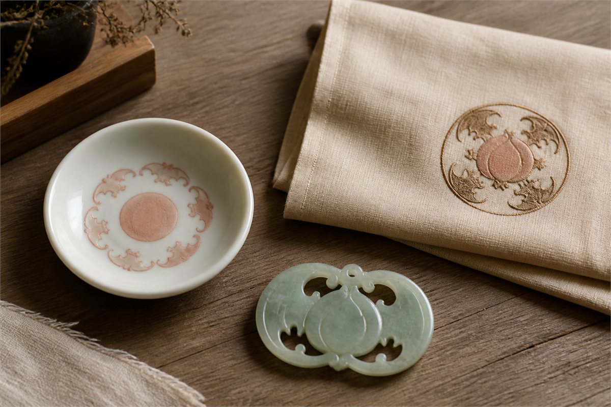 Porcelain saucer, embroidered textile, and pale green carved pendant with bat and peach motifs