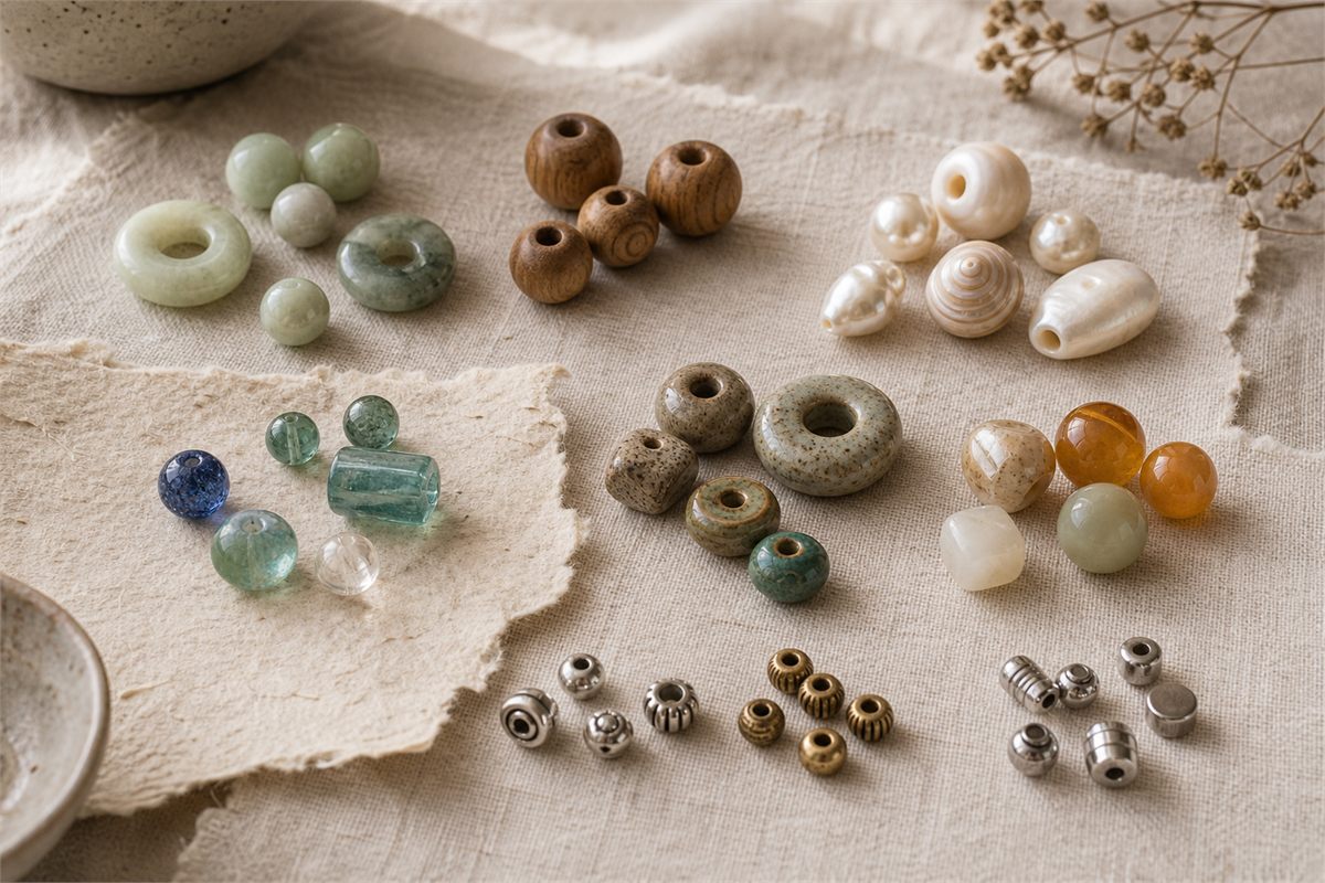 Separate groups of jade, wood, pearl, glass, ceramic, resin, and metal beads on linen