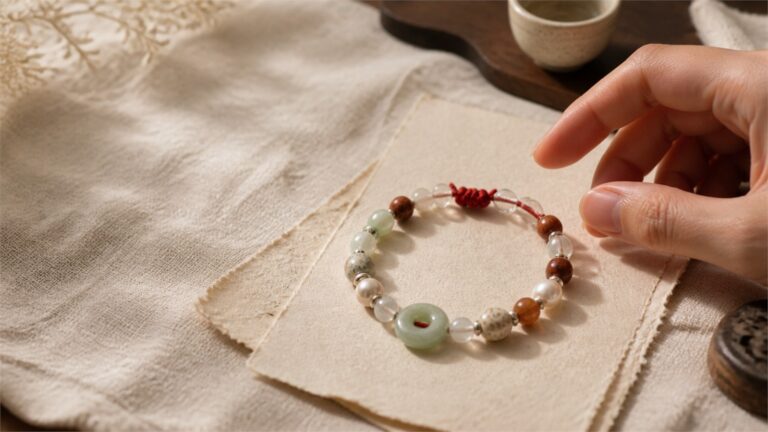 Mixed-material beaded bracelet forming a circle on ivory paper as an adult hand approaches