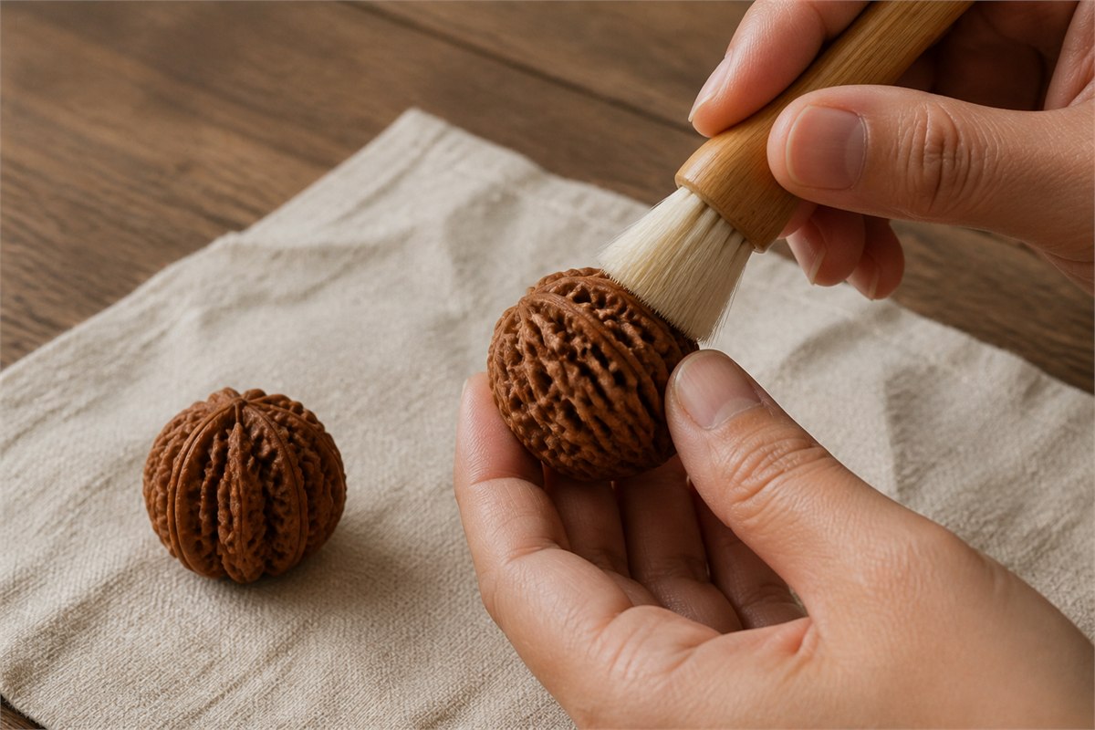 Clean hands gently brushing walnut grooves with a soft dry-bristle brush