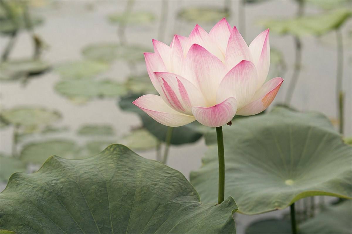 Creamy white sacred lotus with natural soft pink tips and brush-like markings above round leaves
