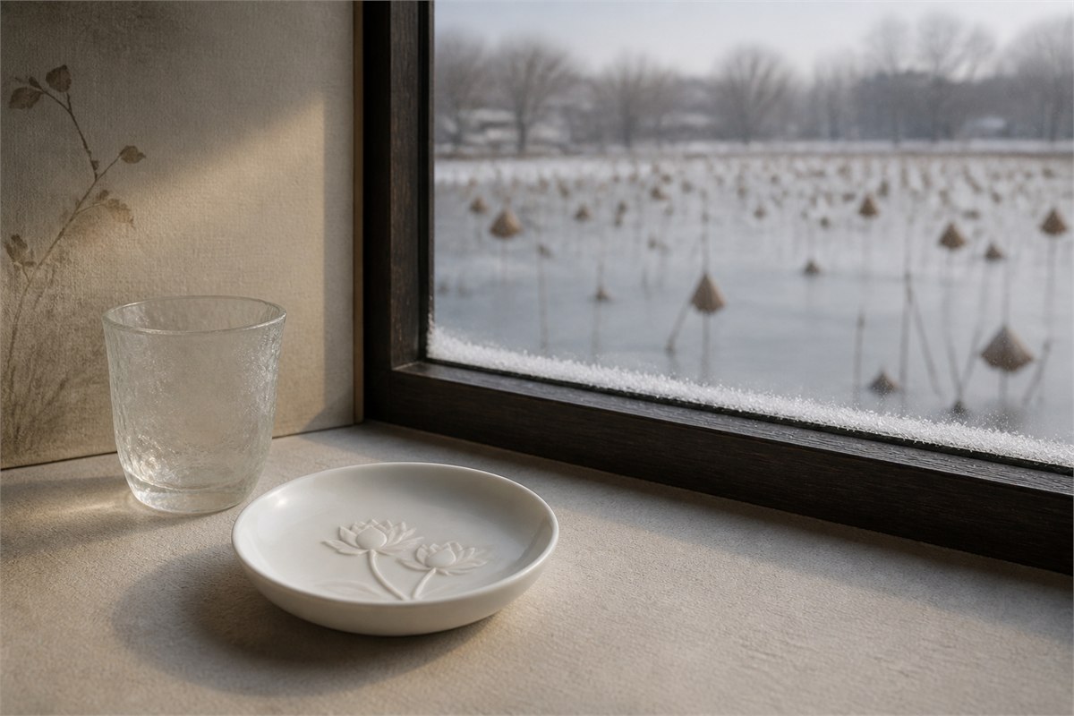 White twin-lotus relief dish beside frosted glass and a dormant winter lotus pond