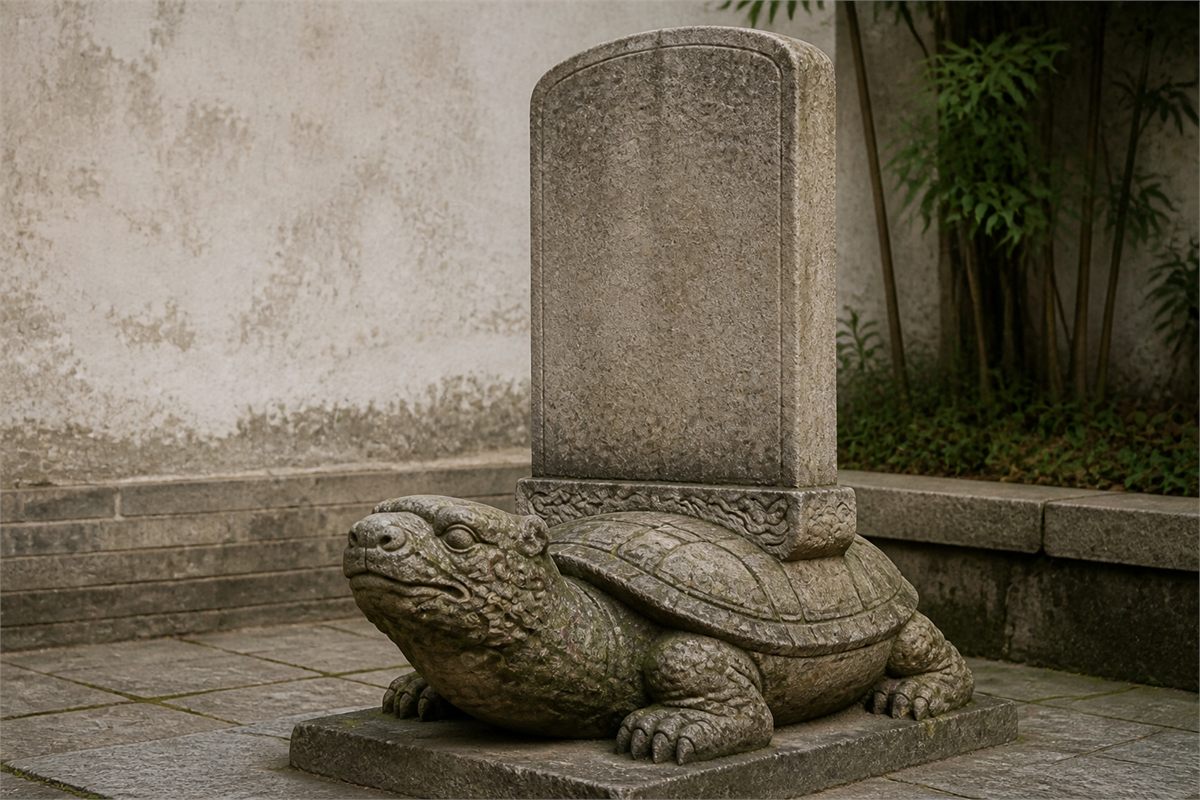 Weathered turtle-like Bixi stone sculpture supporting a blank upright stele