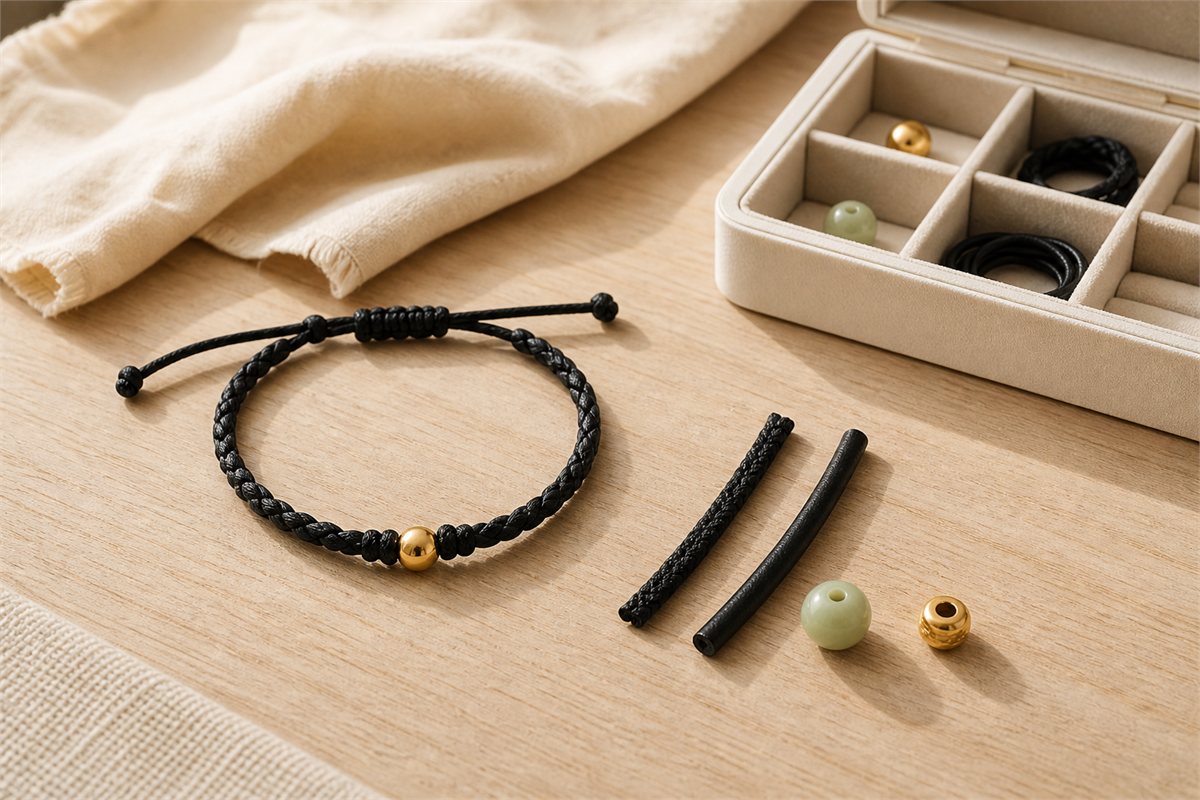 Black cord bracelet beside a soft cloth, jewelry box, separate cord samples, jade bead, and gold bead