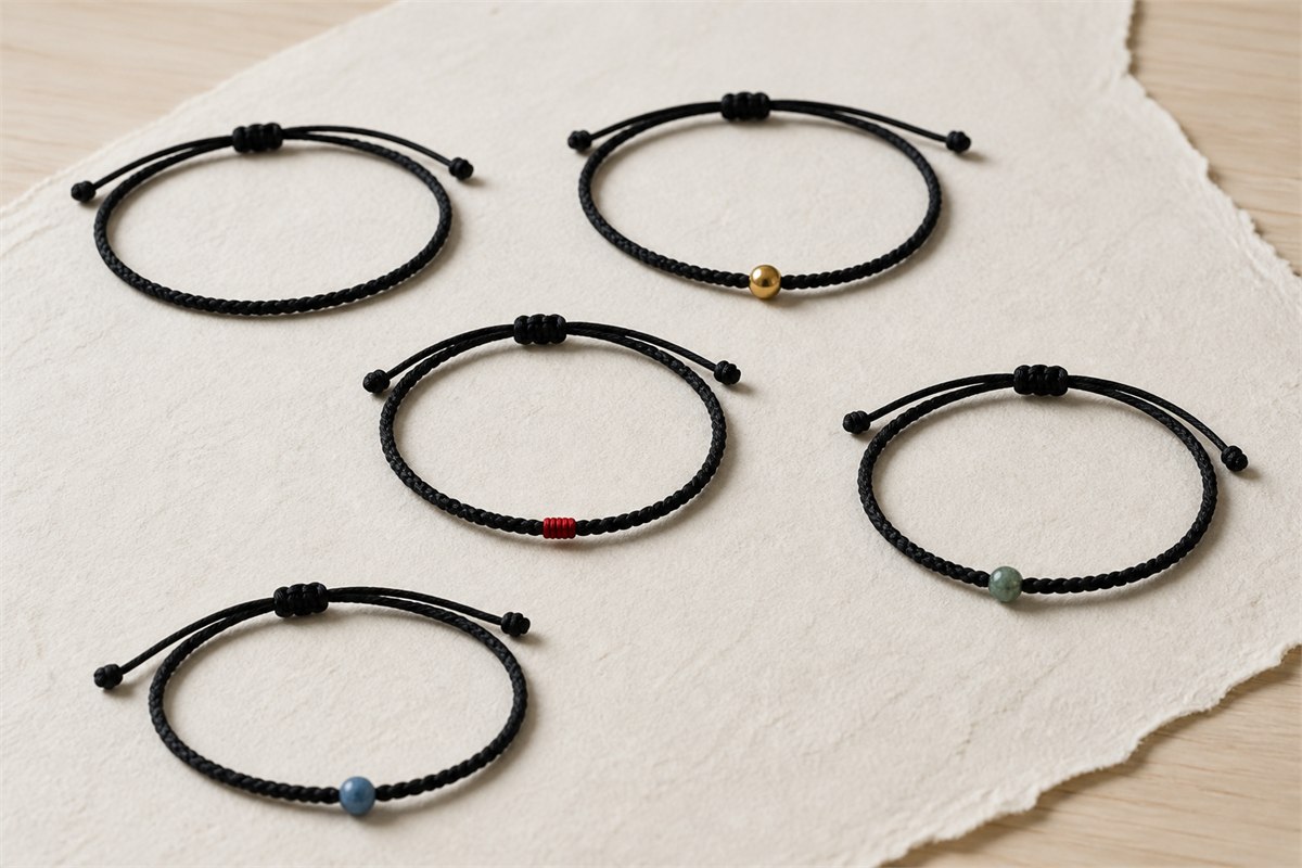 Five black cord bracelets with plain, gold, red, green, and blue details