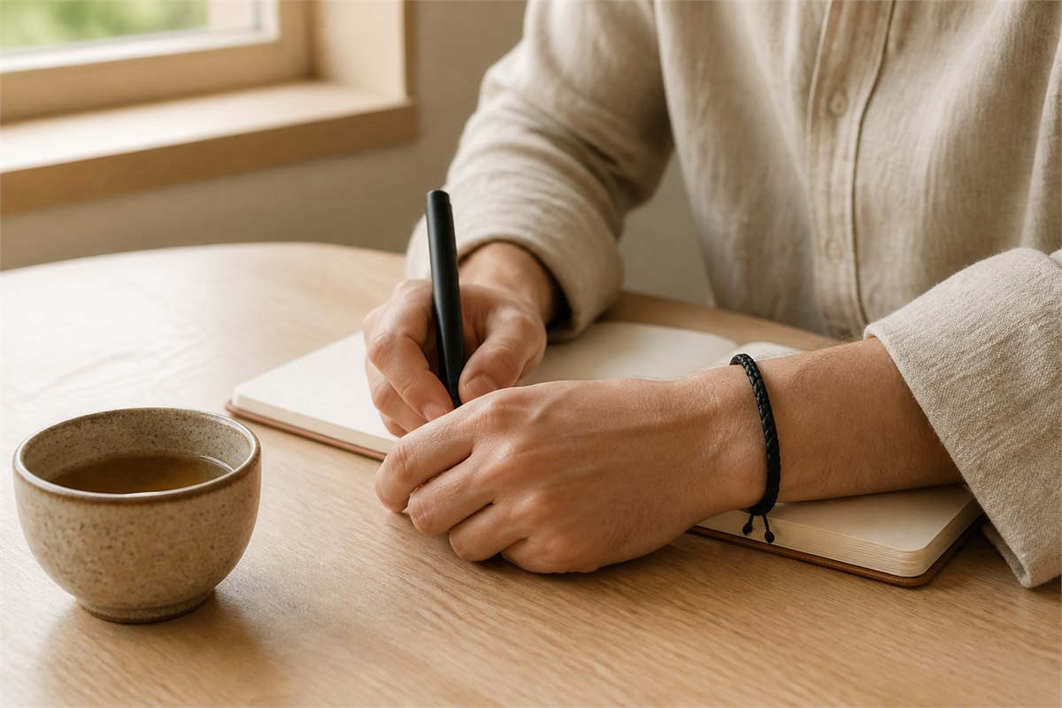 Adult wearing a slim black braided cord bracelet while writing beside a ceramic tea cup