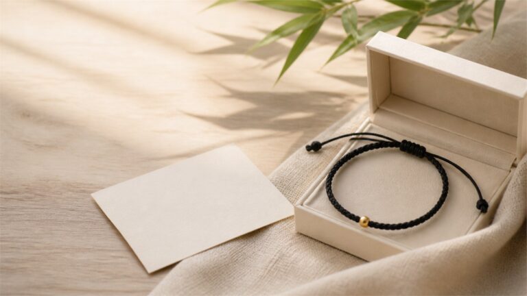 Black braided cord bracelet with a gold bead in an open ivory gift box on warm linen