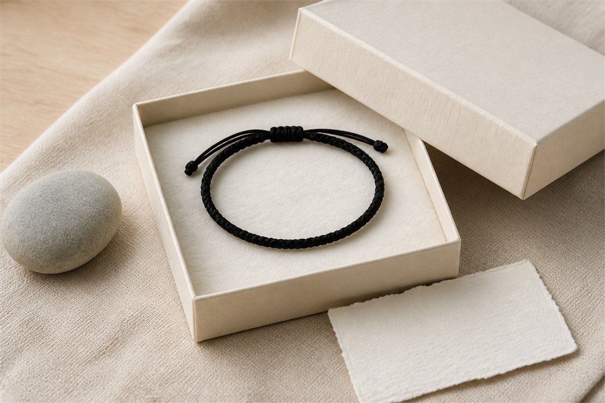 Plain black braided cord bracelet in an open ivory gift box beside a blank note