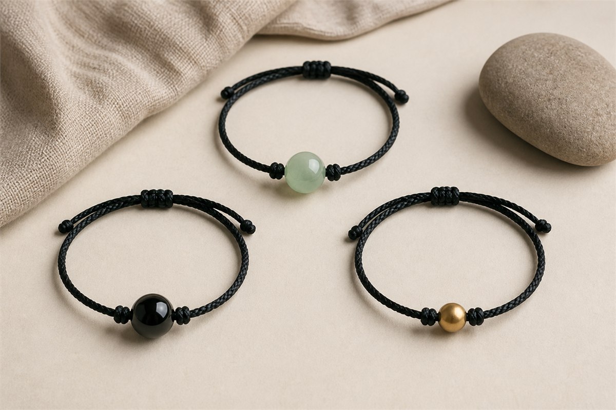 Three black cord bracelets paired separately with a pale green jade bead, black obsidian bead, and gold bead