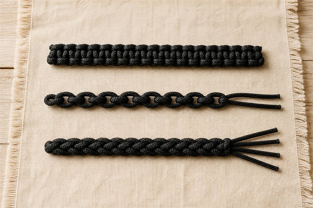 Three black cord samples showing a flat knotted band, linked knot chain, and four-strand braid