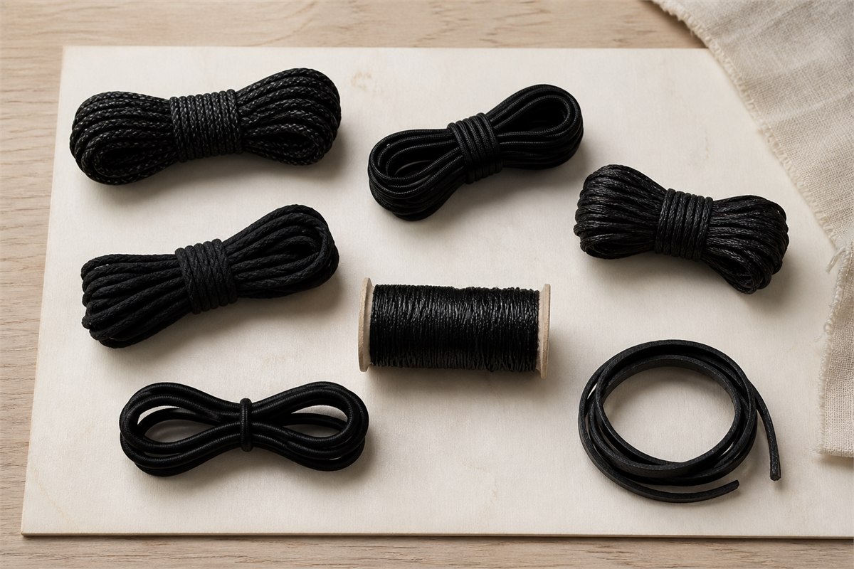 Seven coils and lengths of black cord with different braided, smooth, waxed, elastic, and leather-like textures