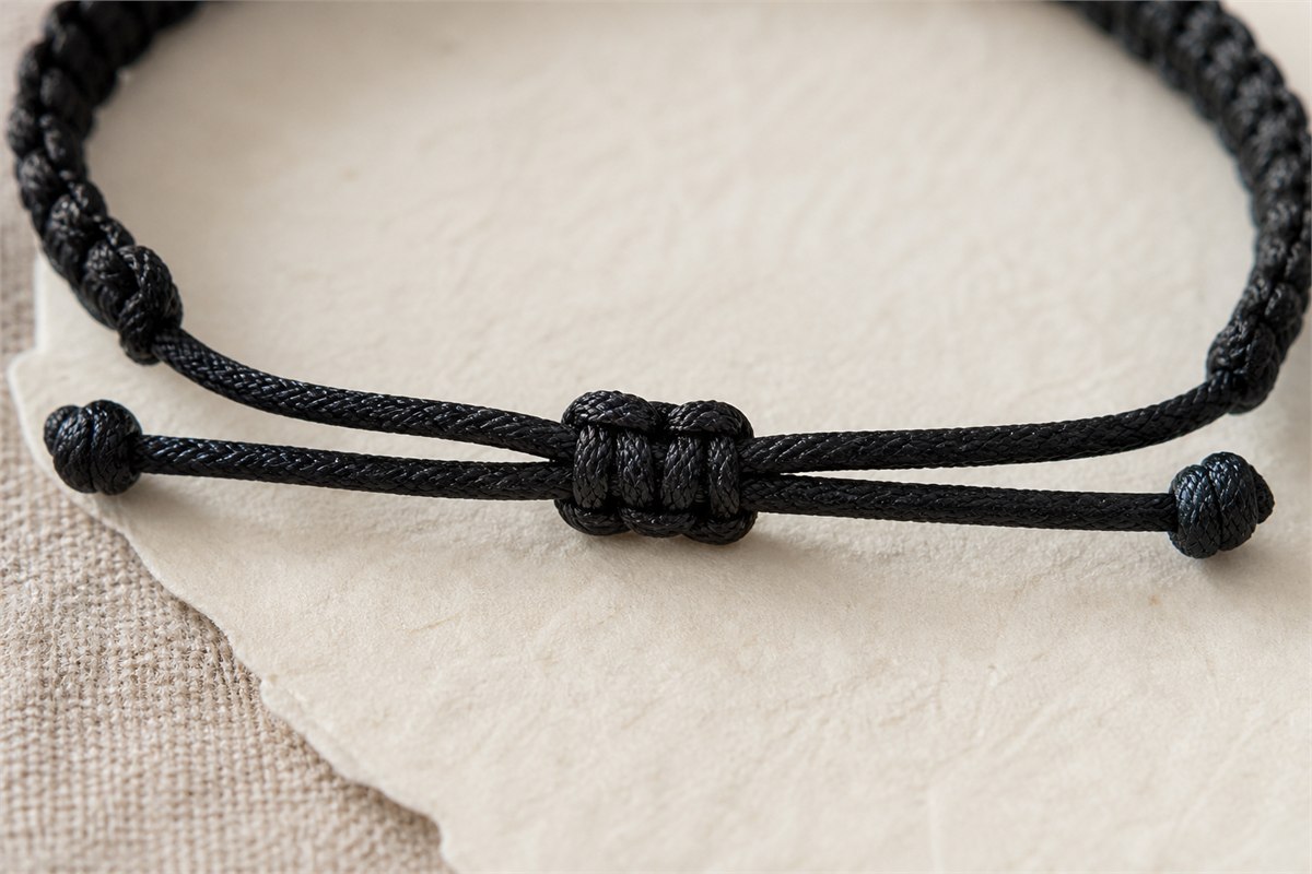Close view of a black braided bracelet with an adjustable sliding knot and two cord tails