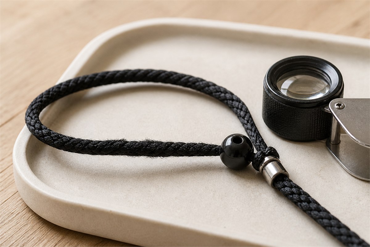 Close view of localized fuzzing on black braided cord beside a jeweler loupe, bead hole, and metal connector