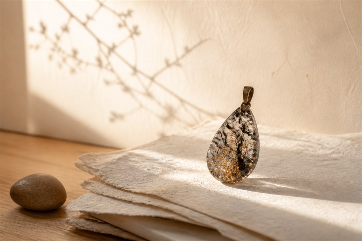 A black-and-gold included-quartz pendant rests on handmade paper in warm morning window light.
