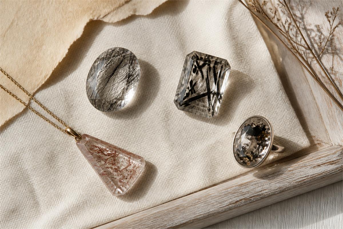 Four separate included-quartz jewelry pieces with black, red-brown, and black-gold internal patterns on cream linen.