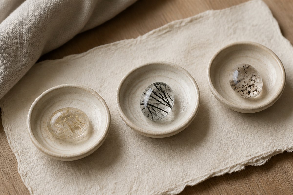 Three separate quartz cabochons with fine rutile-like needles, dark tourmaline-like rods, and mixed unidentified inclusions.