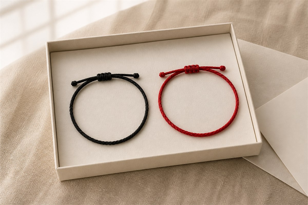Black and red braided cord bracelets presented together in an ivory gift box