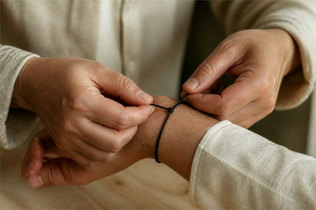 Hands gently tying a plain black thread bracelet around an adult wrist