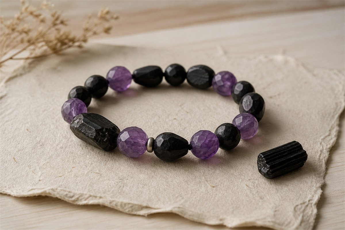 Faceted violet amethyst and black tourmaline beads with visible cord and a raw schorl accent.