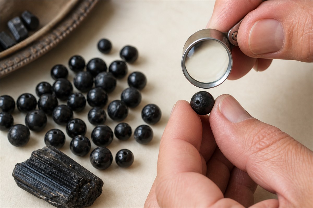 Black tourmaline bead examined with a loupe beside raw striated schorl