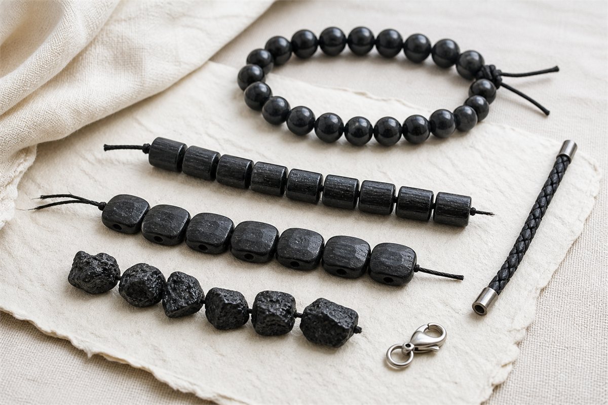 Round barrel tablet and rough black tourmaline bead samples with cord and clasp details
