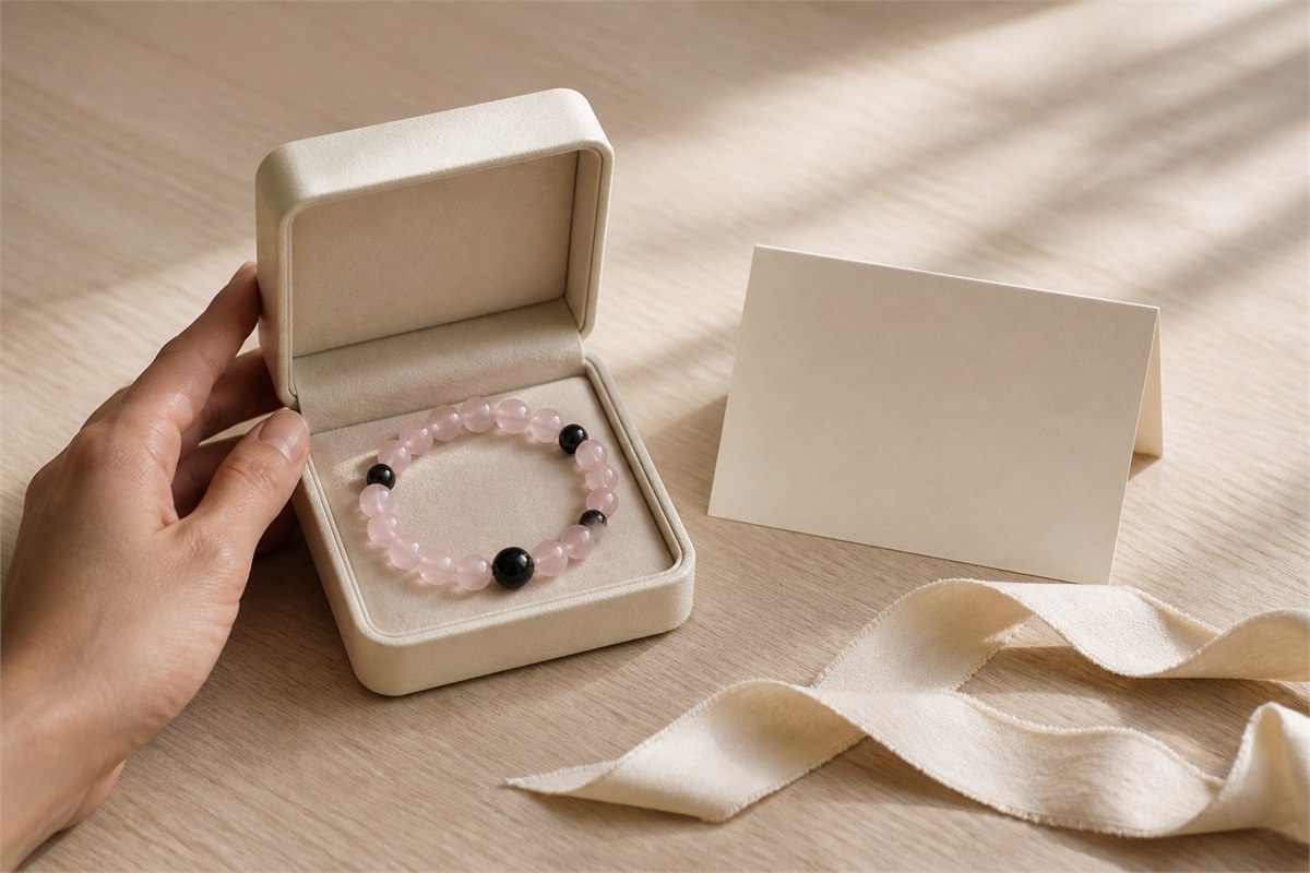 Hand offering an ivory box holding a rose quartz and black tourmaline bracelet beside a blank card.