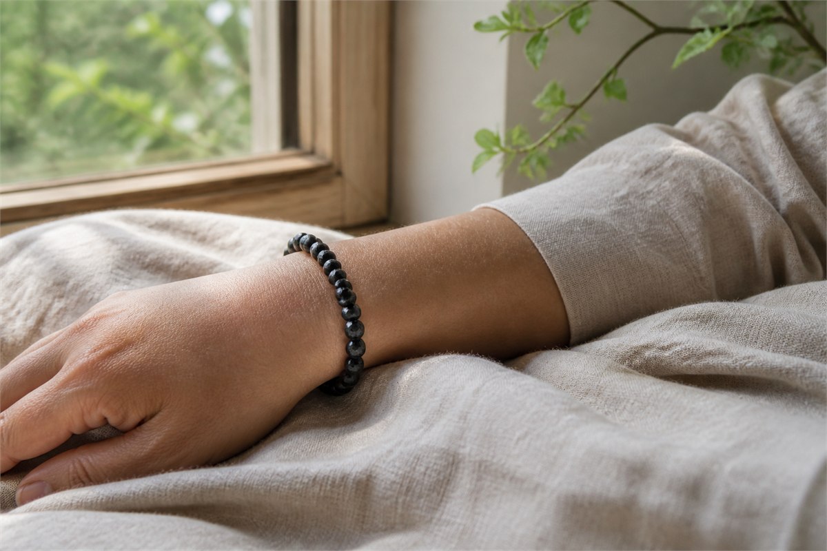 Black tourmaline bracelet worn beside an open window in soft natural light