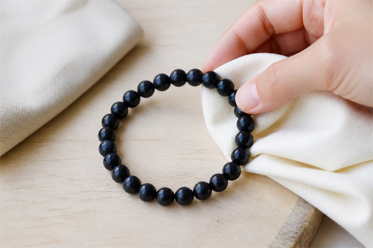 Hand gently wiping a black tourmaline bracelet with a soft ivory cloth