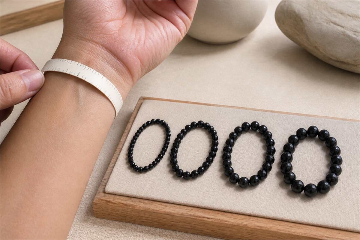 Adult wrist measured beside black tourmaline bracelets in several bead sizes